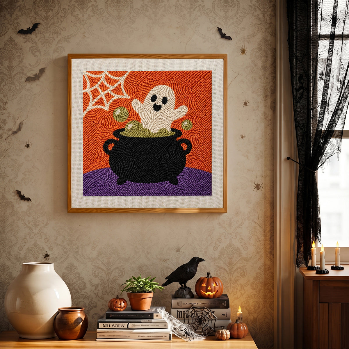 Finished Cauldron Ghost punch needle canvas on a wall
