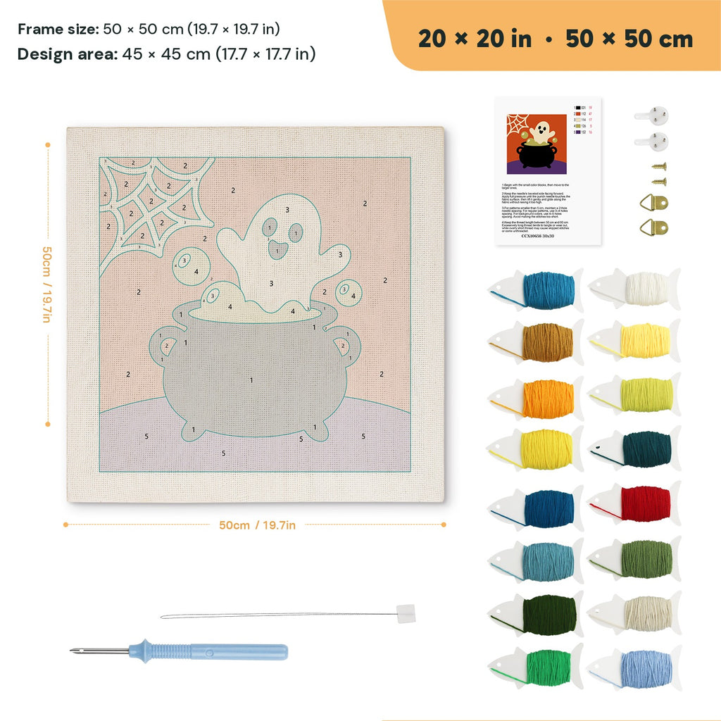 Cauldron Ghost punch needle kit, 20 × 20 in (50 × 50 cm): canvas size and kit contents