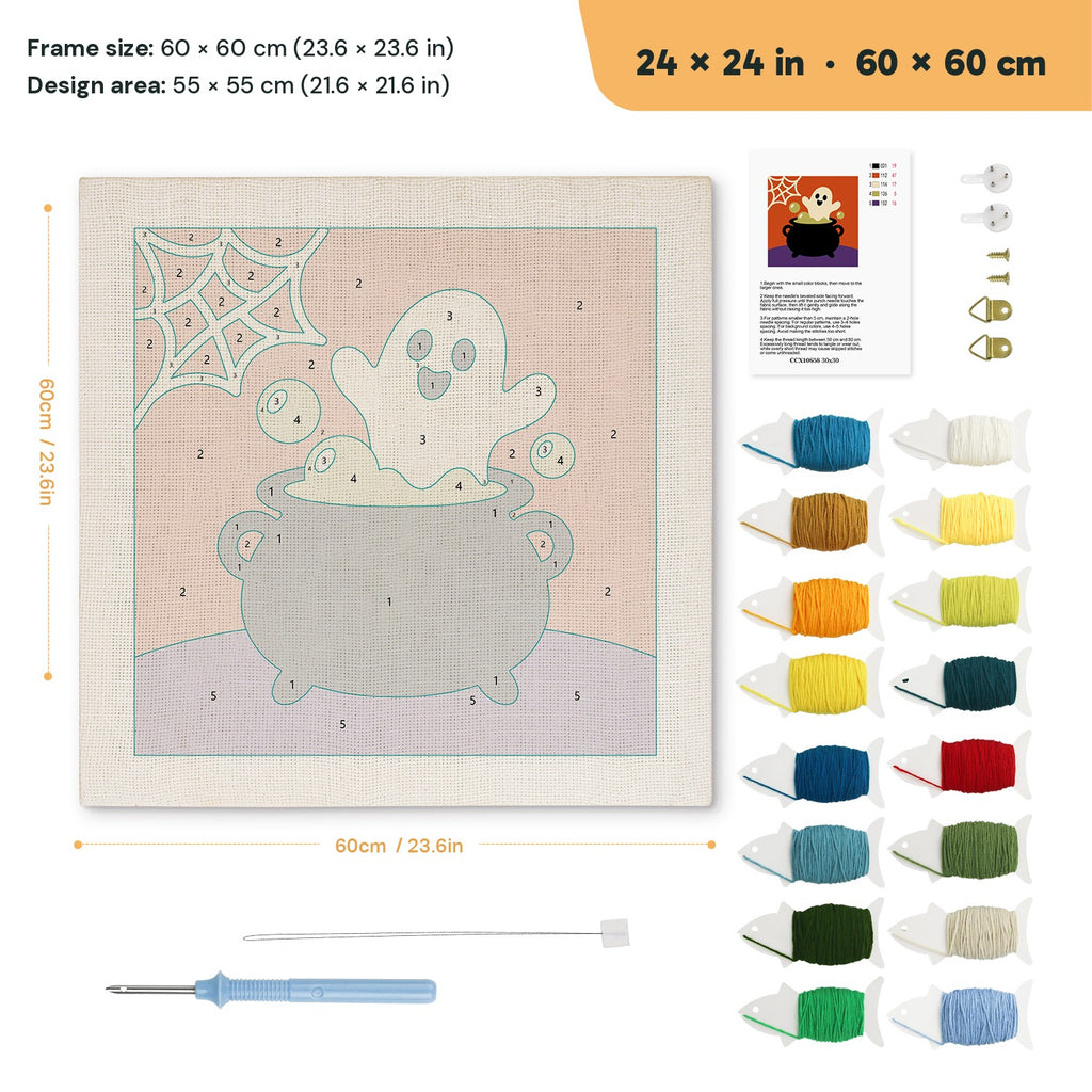 Cauldron Ghost punch needle kit, 24 × 24 in (60 × 60 cm): canvas size and kit contents