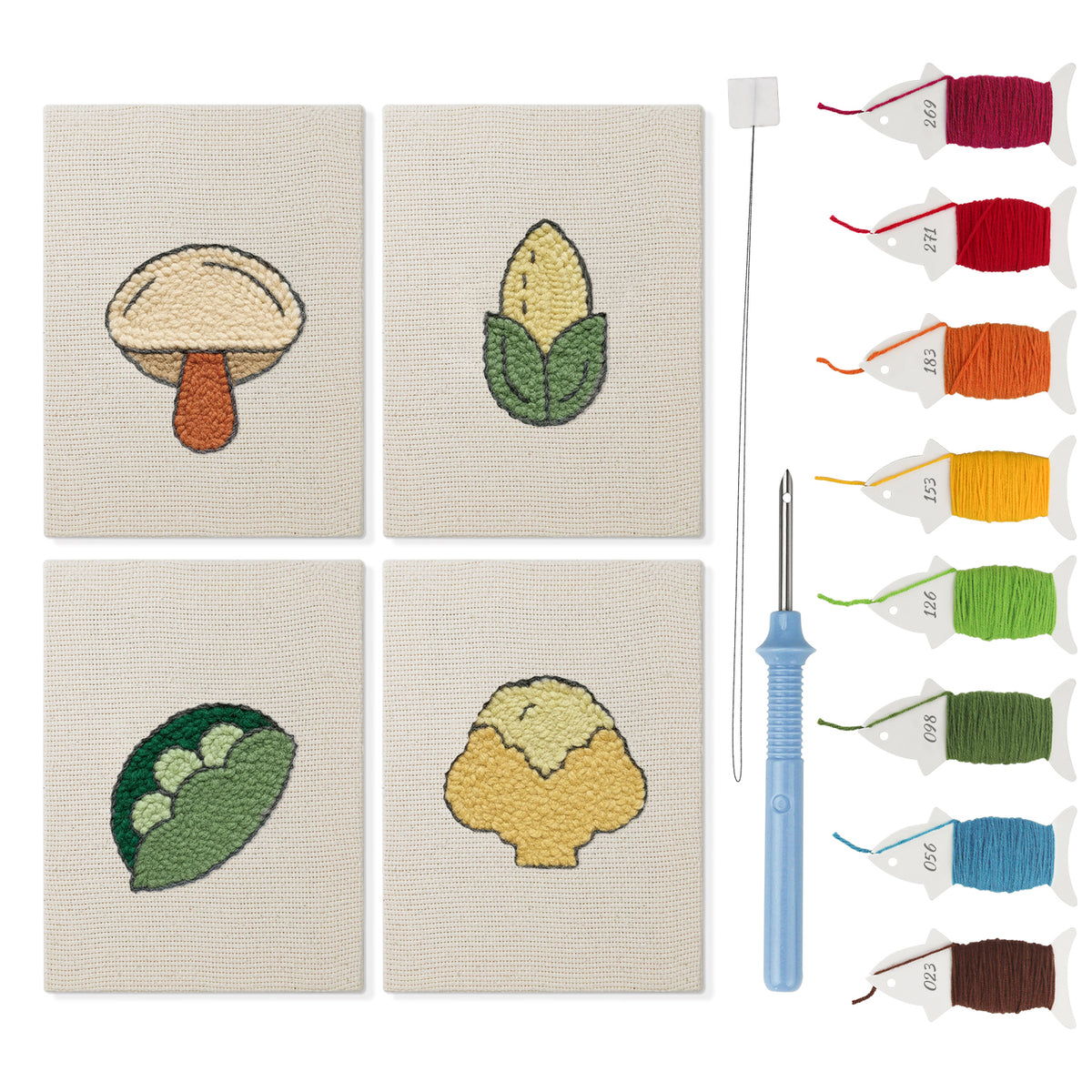 Cauliflower Corner mini punch needle kit set: four finished canvases with threads, punch needle and threader