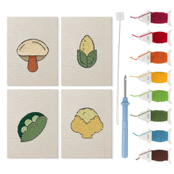 Cauliflower Corner mini punch needle kit set: four finished canvases with threads, punch needle and threader