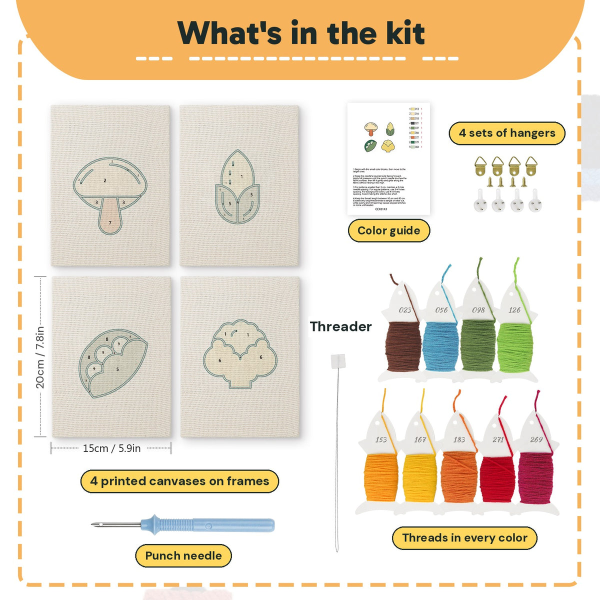 What is in the Cauliflower Corner set: 4 printed canvases, punch needle, threader, threads, color guide and 4 sets of hangers (6 × 8 in (15 × 20 cm) each)