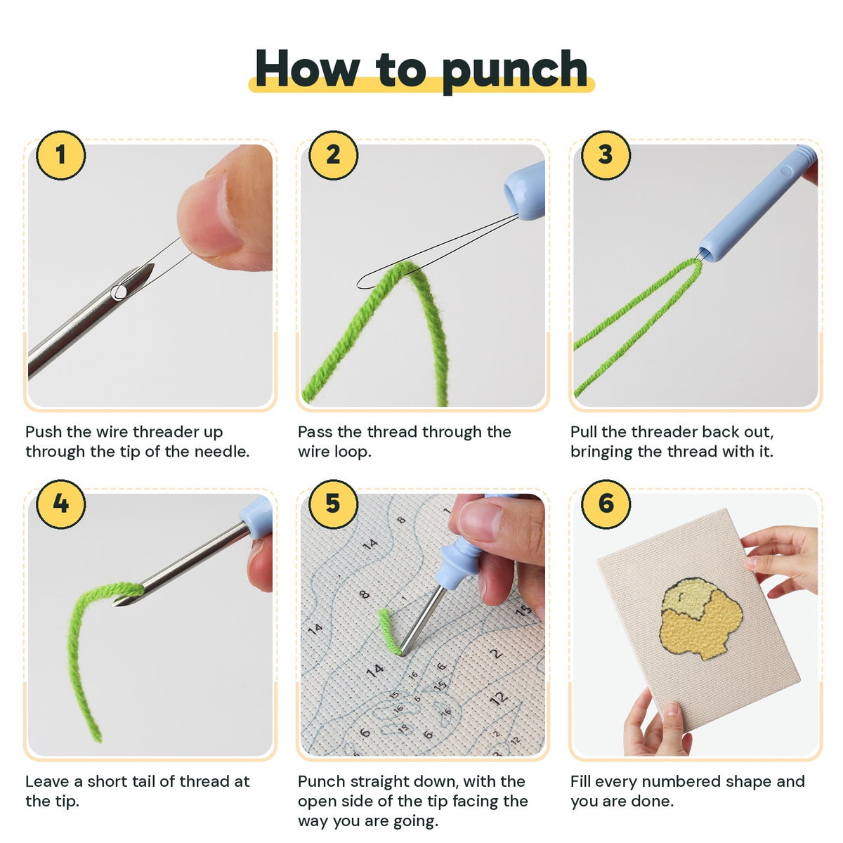 Six steps showing how to thread and use the punch needle