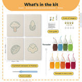 What is in the Cauliflower Corner set, 8 × 12 in (20 × 30 cm) each: 4 printed canvases, punch needle, threader, threads, color guide and 4 sets of hangers