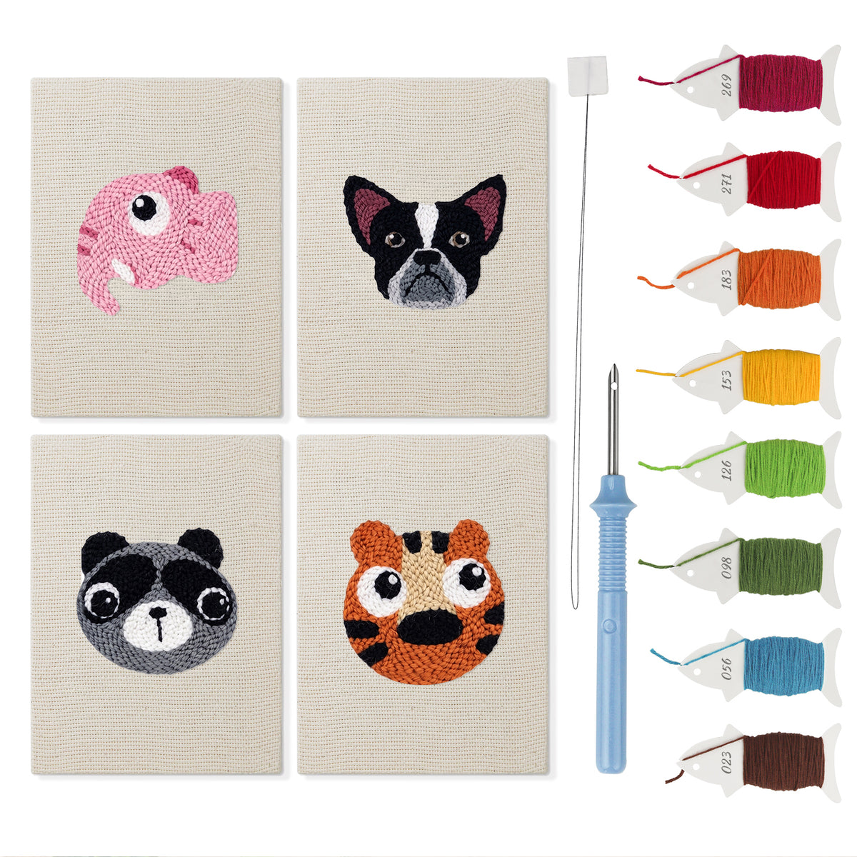 Chameleon and Tiger mini punch needle kit set: four finished canvases with threads, punch needle and threader