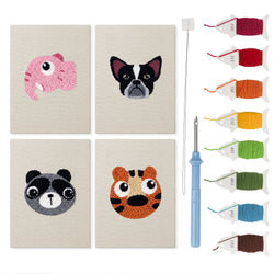 Chameleon and Tiger mini punch needle kit set: four finished canvases with threads, punch needle and threader