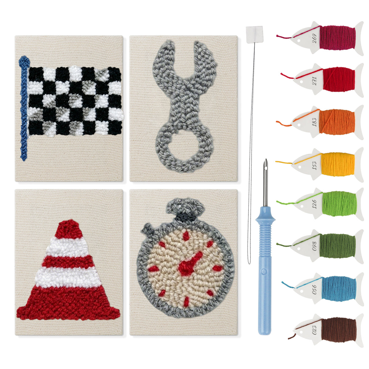 Checkered Flag Racing mini punch needle kit set: four finished canvases with threads, punch needle and threader