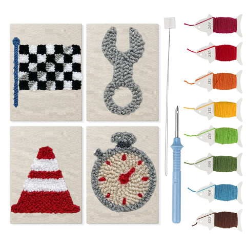 Checkered Flag Racing mini punch needle kit set: four finished canvases with threads, punch needle and threader