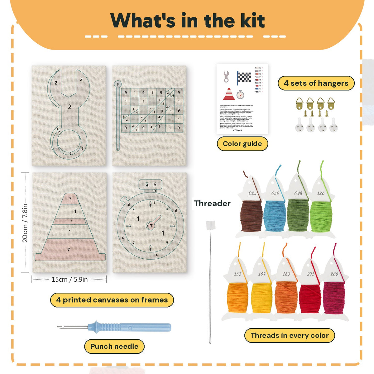 What is in the Checkered Flag Racing set: 4 printed canvases, punch needle, threader, threads, color guide and 4 sets of hangers (6 × 8 in (15 × 20 cm) each)