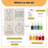 What is in the Checkered Flag Racing set: 4 printed canvases, punch needle, threader, threads, color guide and 4 sets of hangers (6 × 8 in (15 × 20 cm) each)