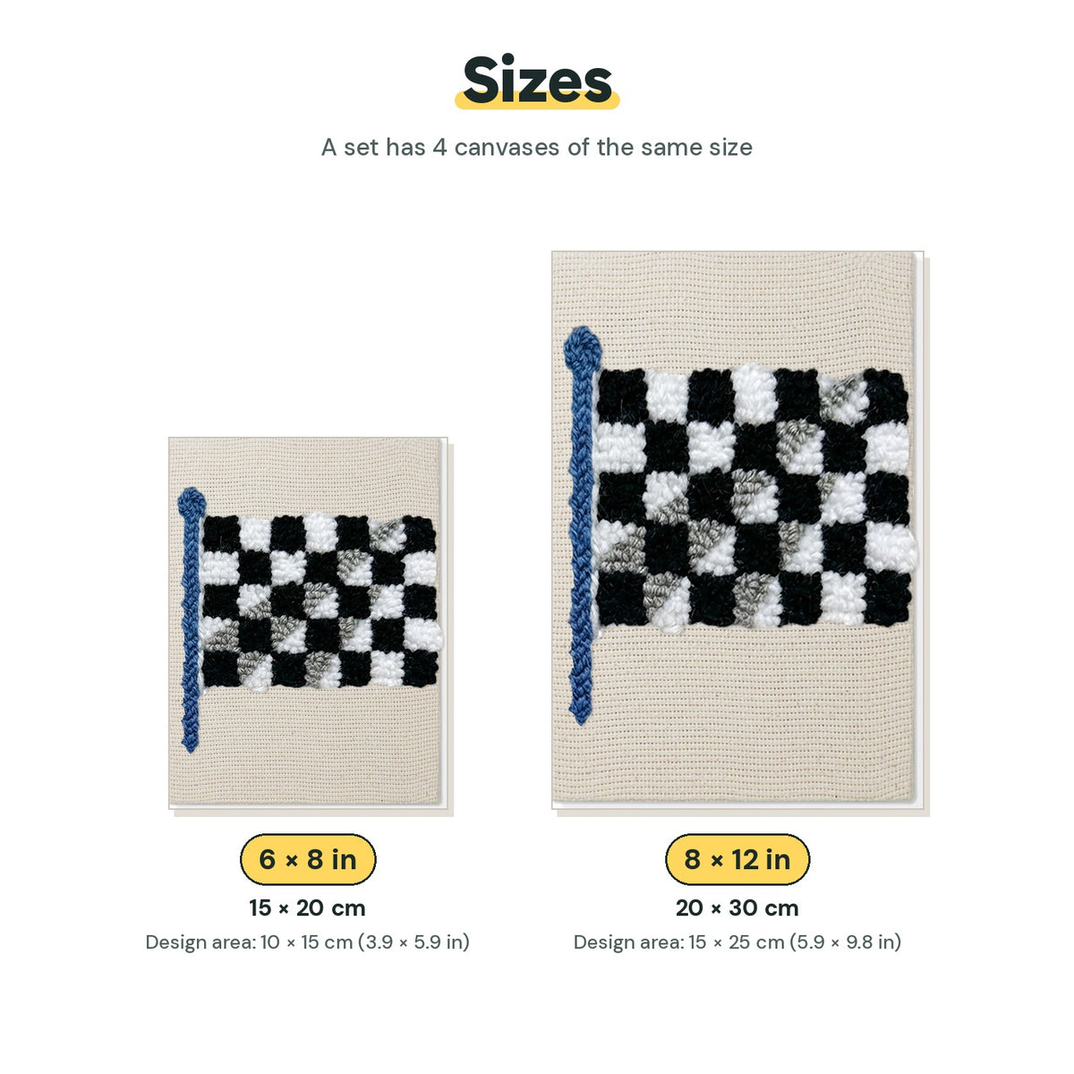 Size chart for the two mini canvas sizes: 6 x 8 in and 8 x 12 in