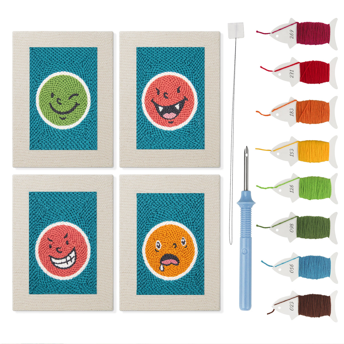 Cheeky Face Circles mini punch needle kit set: four finished canvases with threads, punch needle and threader