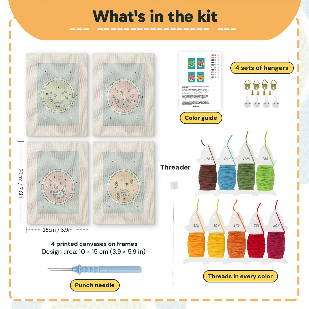 What is in the Cheeky Face Circles set: 4 printed canvases, punch needle, threader, threads, color guide and 4 sets of hangers (6 × 8 in (15 × 20 cm) each)