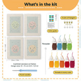 What is in the Cheeky Face Circles set: 4 printed canvases, punch needle, threader, threads, color guide and 4 sets of hangers (6 × 8 in (15 × 20 cm) each)