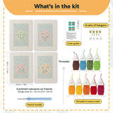 What is in the Cheeky Face Circles set, 8 × 12 in (20 × 30 cm) each: 4 printed canvases, punch needle, threader, threads, color guide and 4 sets of hangers