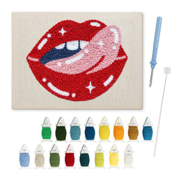 Cheeky Red Lips punch needle kit: finished canvas with threads, punch needle and threader