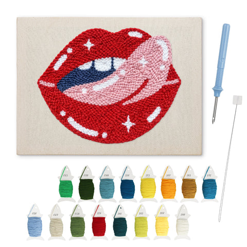 Cheeky Red Lips punch needle kit: finished canvas with threads, punch needle and threader