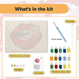 What is in the Cheeky Red Lips kit: printed canvas, punch needle, threader, threads, color guide and hangers