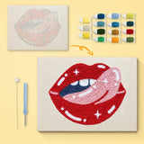 Cheeky Red Lips canvas before and after punching, with the threads and tools