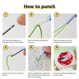 Six steps showing how to thread and use the punch needle
