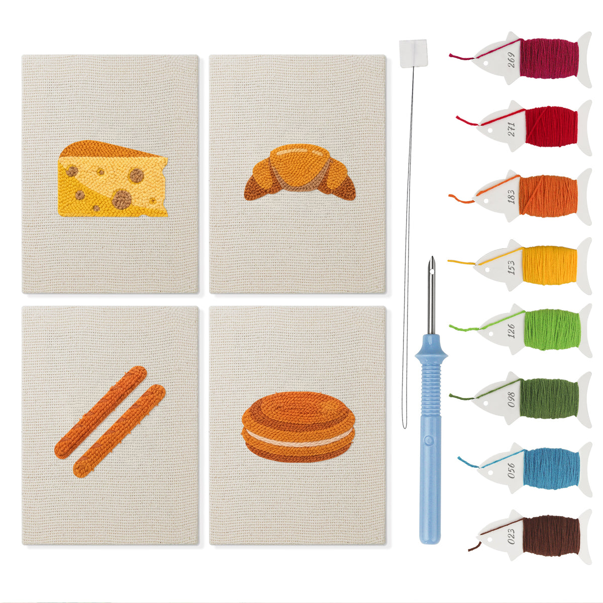 Cheese and Pastries mini punch needle kit set: four finished canvases with threads, punch needle and threader