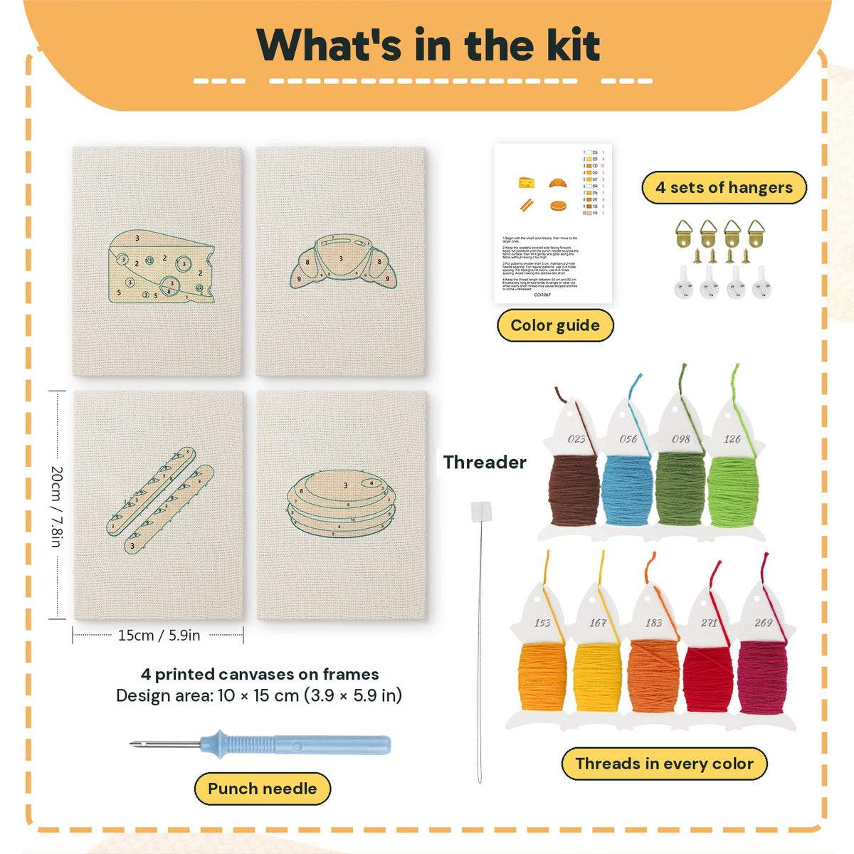 What is in the Cheese and Pastries set: 4 printed canvases, punch needle, threader, threads, color guide and 4 sets of hangers (6 × 8 in (15 × 20 cm) each)