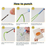 Six steps showing how to thread and use the punch needle