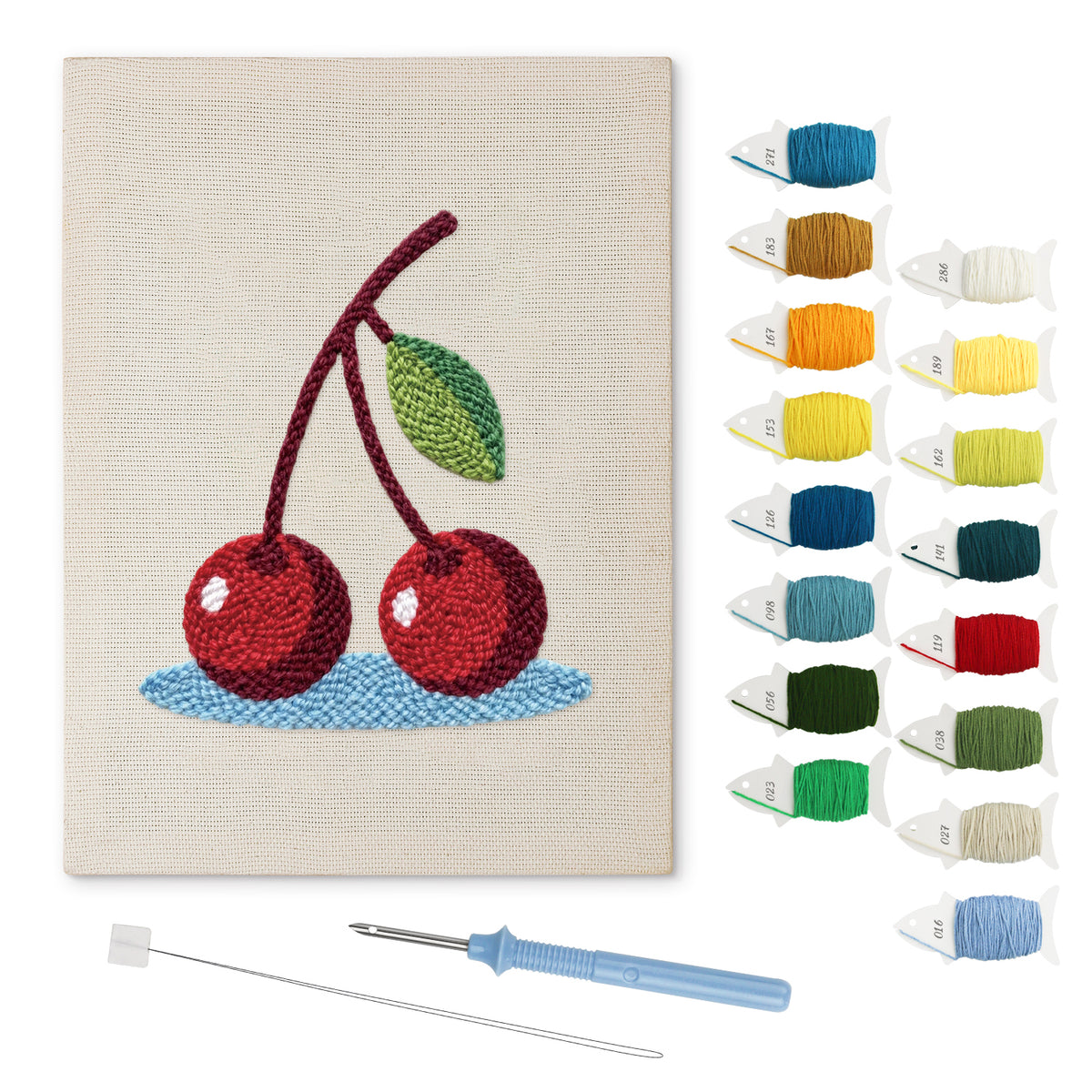 Cherries on Blue punch needle kit: finished canvas with threads, punch needle and threader