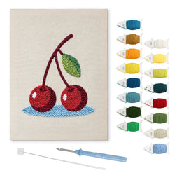 Cherries on Blue punch needle kit: finished canvas with threads, punch needle and threader