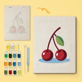 Cherries on Blue canvas before and after punching, with the threads and tools