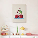Finished Cherries on Blue punch needle canvas on a wall