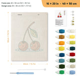 Cherries on Blue punch needle kit, 16 × 20 in (40 × 50 cm): canvas size and kit contents