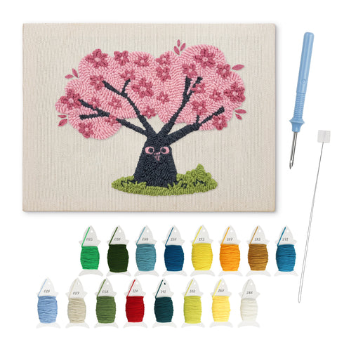 Cherry Blossom Tree punch needle kit: finished canvas with threads, punch needle and threader