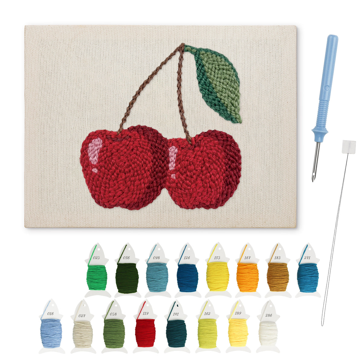 Cherry Pair punch needle kit: finished canvas with threads, punch needle and threader