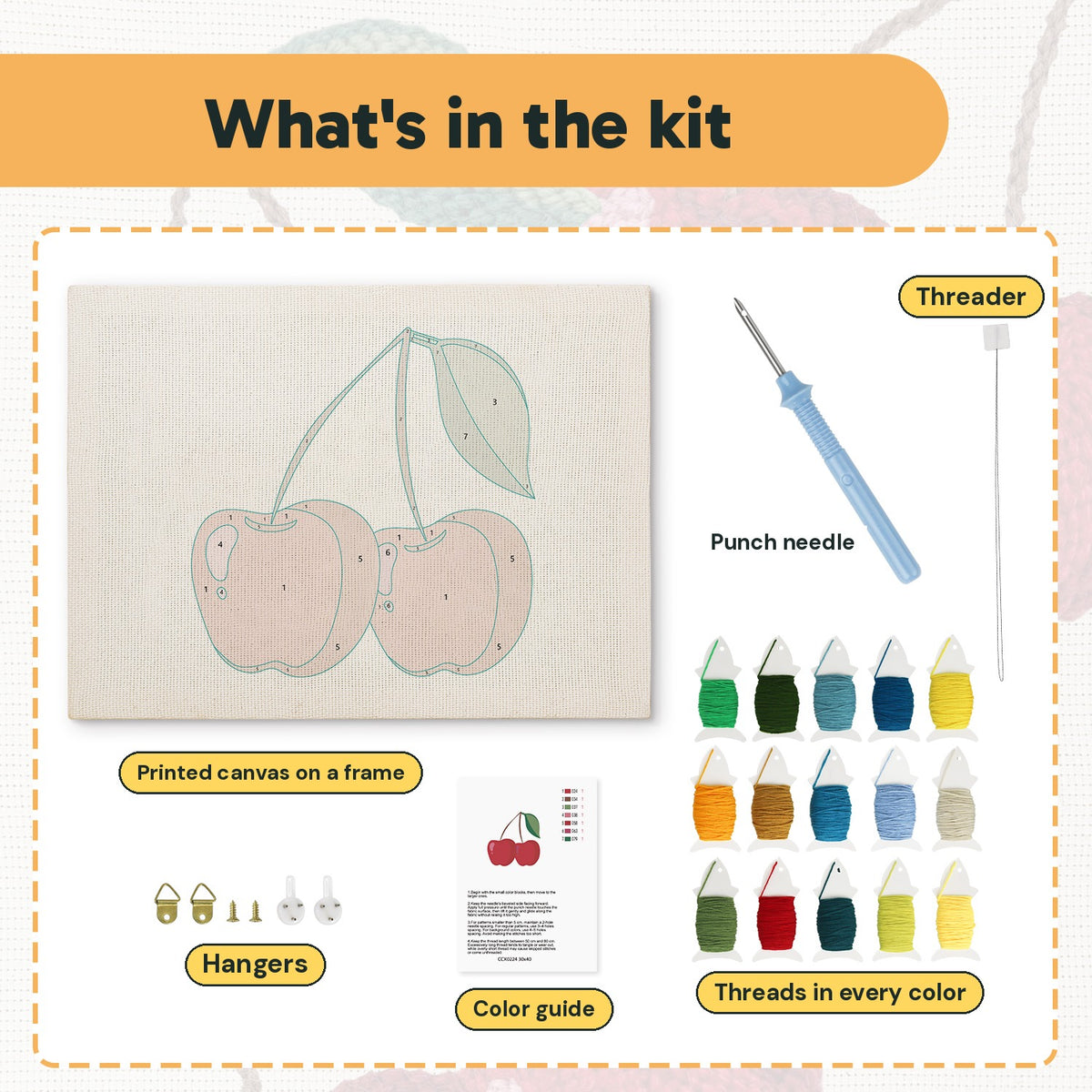 What is in the Cherry Pair kit: printed canvas, punch needle, threader, threads, color guide and hangers