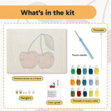 What is in the Cherry Pair kit: printed canvas, punch needle, threader, threads, color guide and hangers