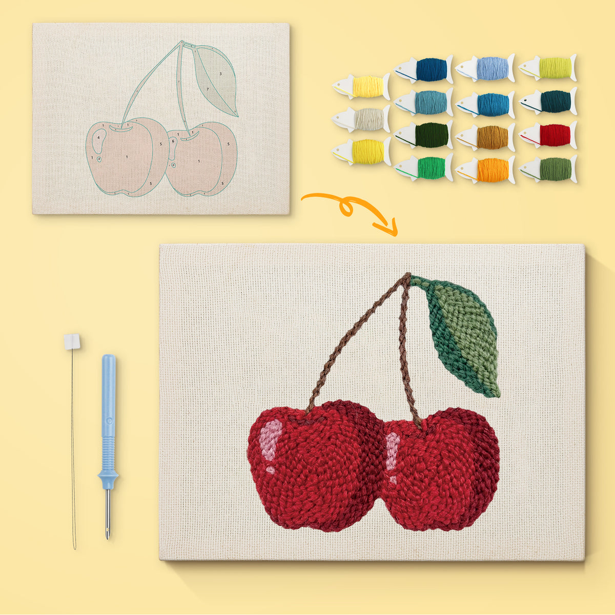 Cherry Pair canvas before and after punching, with the threads and tools