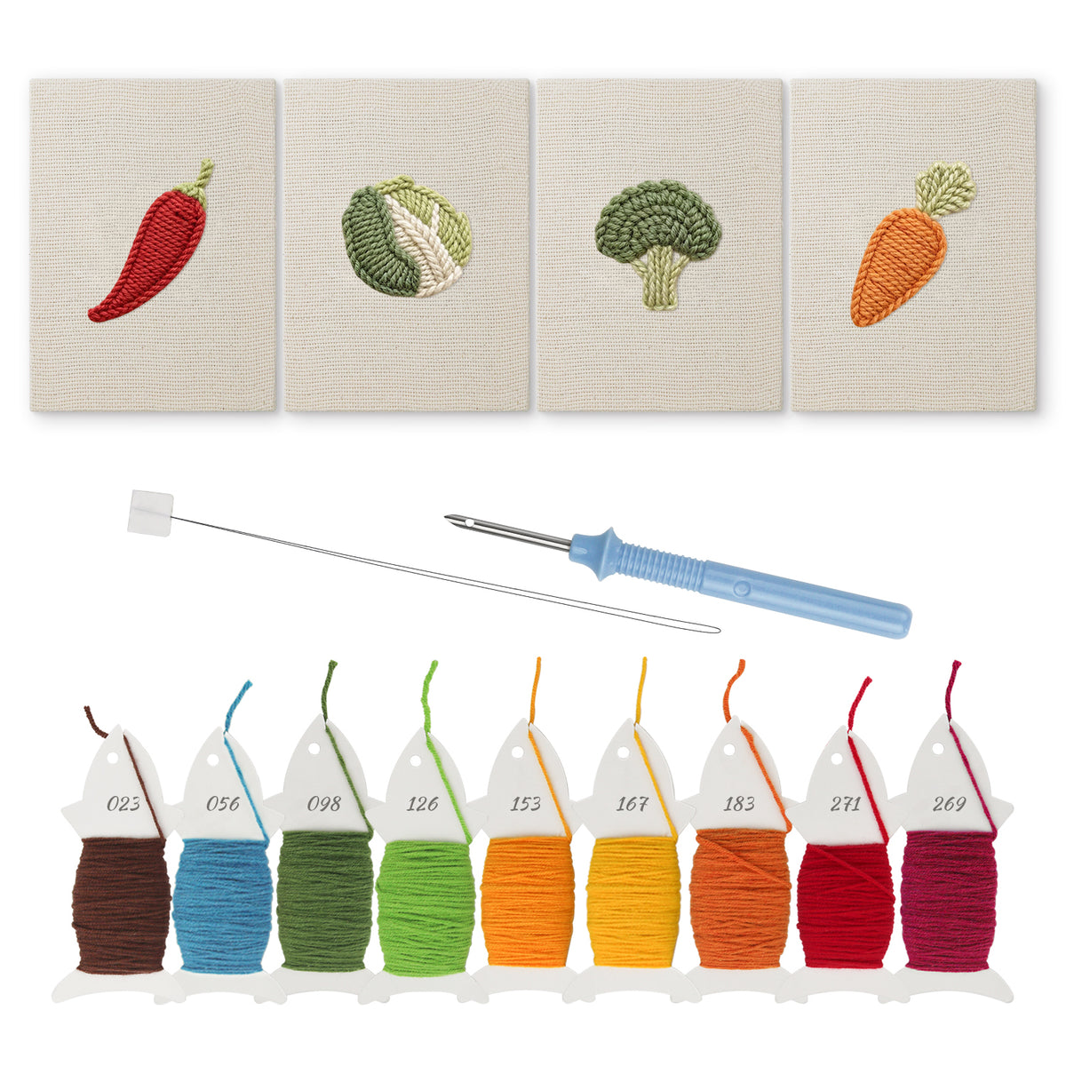 Chili and Carrot mini punch needle kit set: four finished canvases with threads, punch needle and threader
