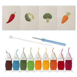 Chili and Carrot mini punch needle kit set: four finished canvases with threads, punch needle and threader