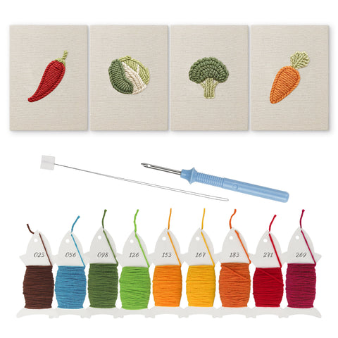 Chili and Carrot mini punch needle kit set: four finished canvases with threads, punch needle and threader