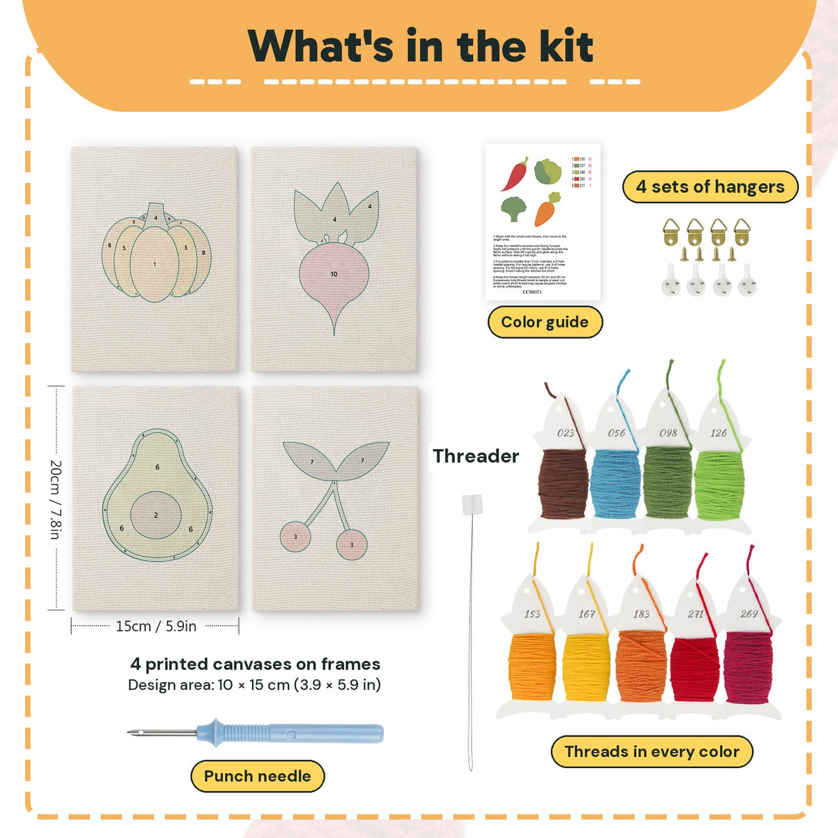 What is in the Chili and Carrot set: 4 printed canvases, punch needle, threader, threads, color guide and 4 sets of hangers (6 × 8 in (15 × 20 cm) each)