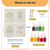 What is in the Chili and Carrot set: 4 printed canvases, punch needle, threader, threads, color guide and 4 sets of hangers (6 × 8 in (15 × 20 cm) each)