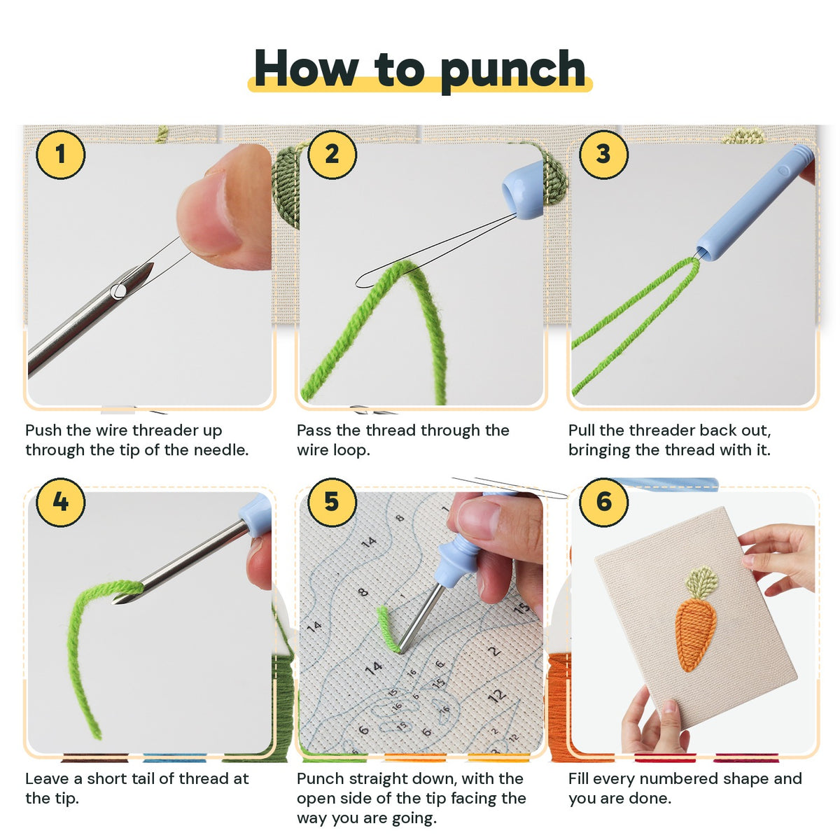 Six steps showing how to thread and use the punch needle