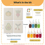 What is in the Chili and Carrot set, 8 × 12 in (20 × 30 cm) each: 4 printed canvases, punch needle, threader, threads, color guide and 4 sets of hangers