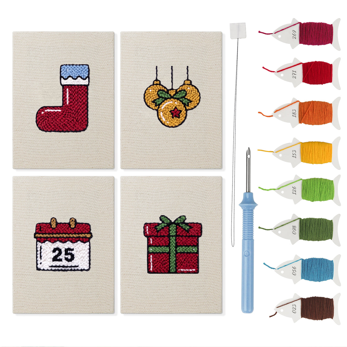 Christmas Morning mini punch needle kit set: four finished canvases with threads, punch needle and threader