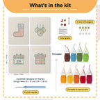 What is in the Christmas Morning set: 4 printed canvases, punch needle, threader, threads, color guide and 4 sets of hangers (6 × 8 in (15 × 20 cm) each)
