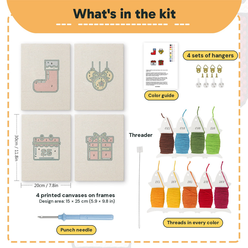 What is in the Christmas Morning set, 8 × 12 in (20 × 30 cm) each: 4 printed canvases, punch needle, threader, threads, color guide and 4 sets of hangers