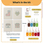 What is in the Christmas Morning set, 8 × 12 in (20 × 30 cm) each: 4 printed canvases, punch needle, threader, threads, color guide and 4 sets of hangers
