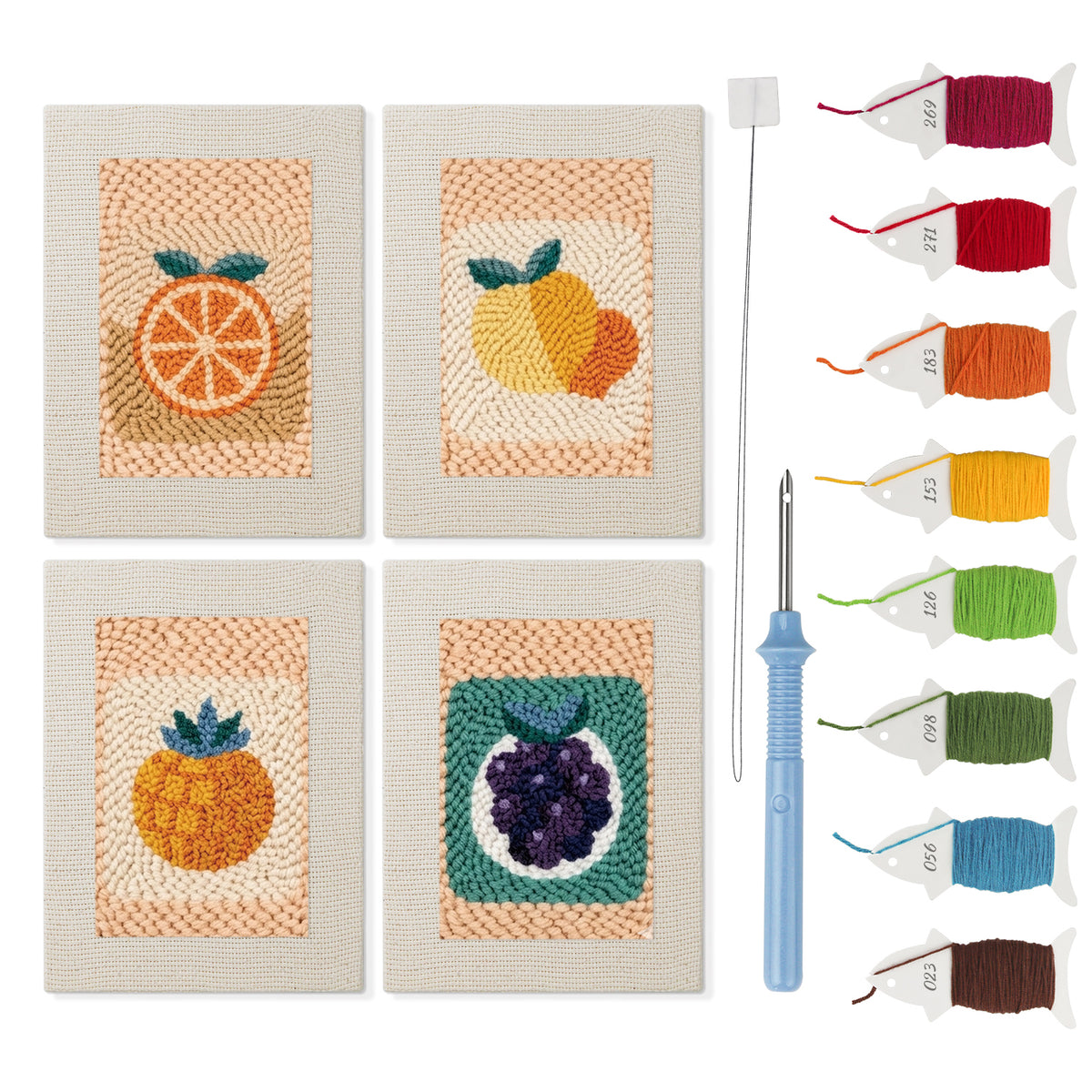 Citrus and Blackberries mini punch needle kit set: four finished canvases with threads, punch needle and threader