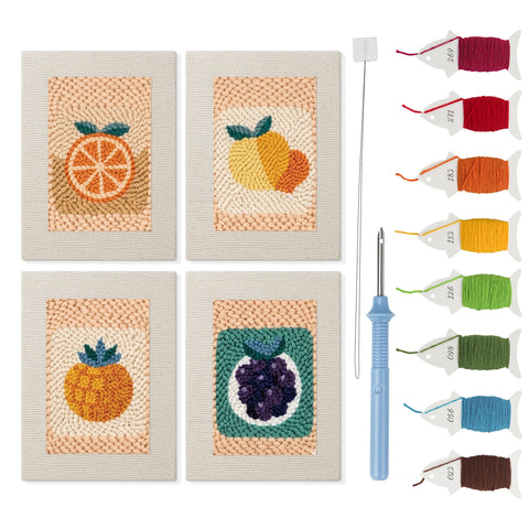 Citrus and Blackberries mini punch needle kit set: four finished canvases with threads, punch needle and threader